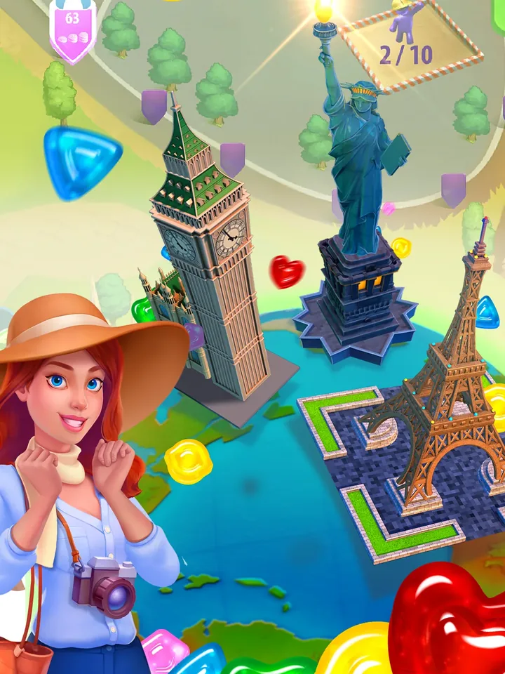 Gummy Drop! Match 3 and Travel world map: a traveller beside Big Ben, the Statue of Liberty and the Eiffel Tower among scattered jelly pieces.