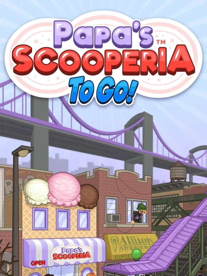 Papa's Scooperia To Go! opening screen: the ice-cream parlour on a city street beneath an elevated railway.